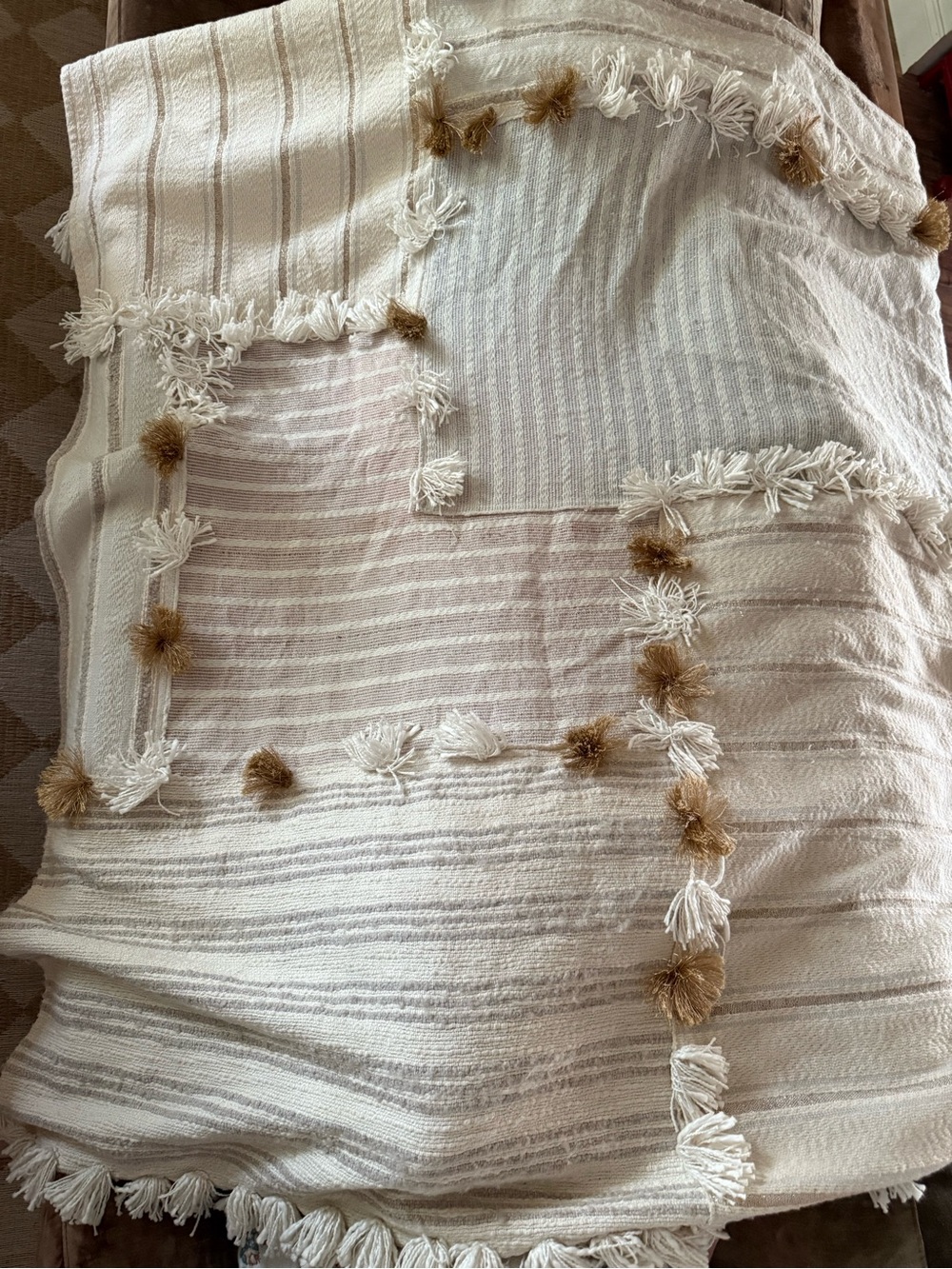 Anthropologie Cream and Tan Tassel Throw Blanket